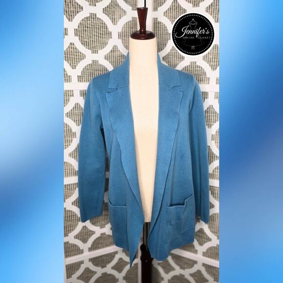 LOFT Blue Textured Collared Open Cardigan Jacket Size Medium - Picture 1 of 10